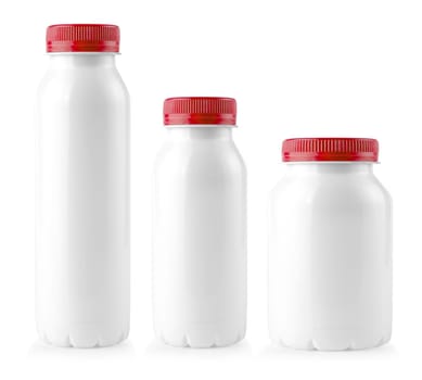 The close up of a white bottles with red lid on white background