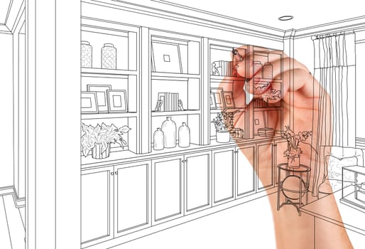 Hand Drawing Home Built-in Shelves and Cabinets on White.