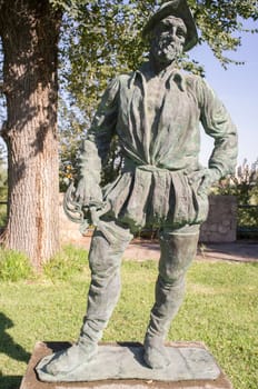 Badajoz, Spain - September the 7th, 2020: Francisco Pizarro statue. Spanish Conqueror of Inca Empire. Made by Estanislao Garcia in 2003