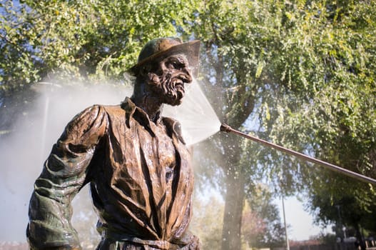 Badajoz, Spain - Oct 15th, 2020: Francisco Pizarro statue being washed with pressure gun after been vandalized