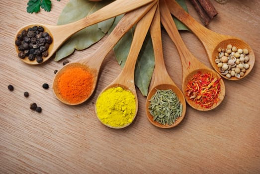 Various of spices in wooden spoon
