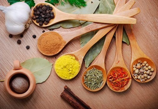 Various of spices in wooden spoon