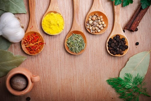 Various of spices in wooden spoon