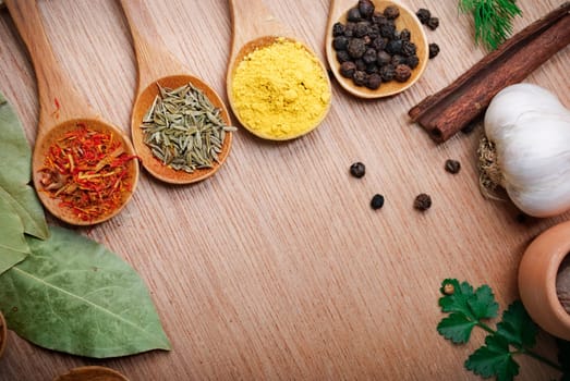 Various of spices in wooden spoon