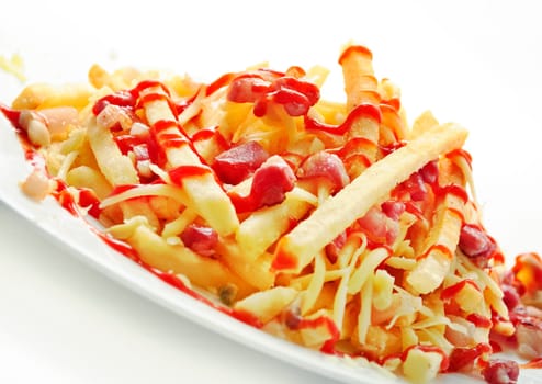 Delicious french fries with bacon on white background