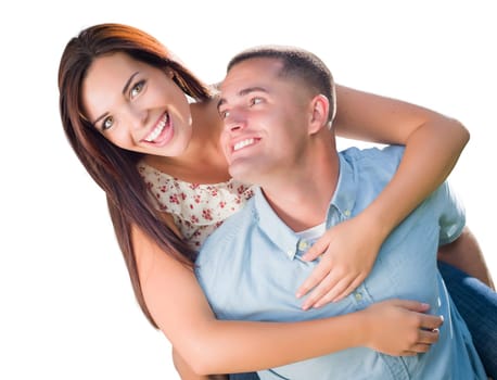 Mixed Race Romantic Military Couple Piggyback Portrait Isolated on White.