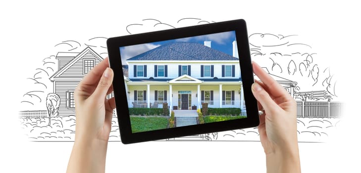 Female Hands Holding Computer Tablet with House Photo on Screen & Drawing Behind.
