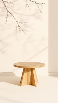 A simple wooden table with a round top filled with a coating that provides sunlight. The delicate shadows of leafy branches play on the textured cream wall in the background. High quality photo