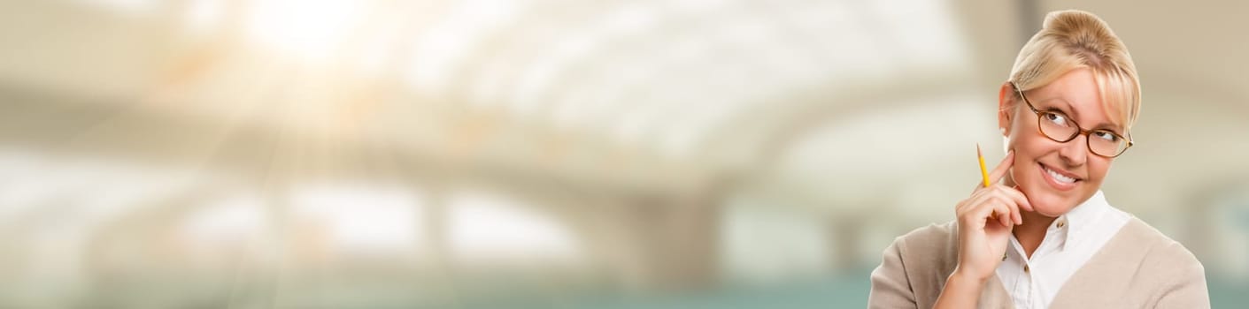 Banner of Beautiful Expressive Student or Businesswoman with Pencil.