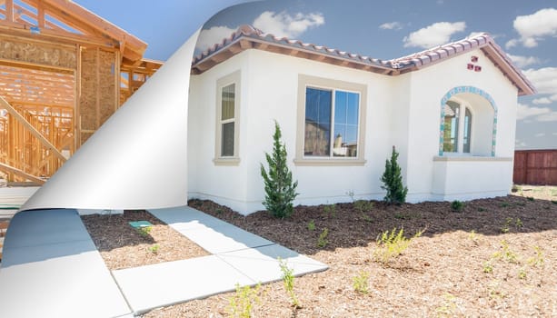 Completed House with Page Corner Flipping to Construction Framing Behind.
