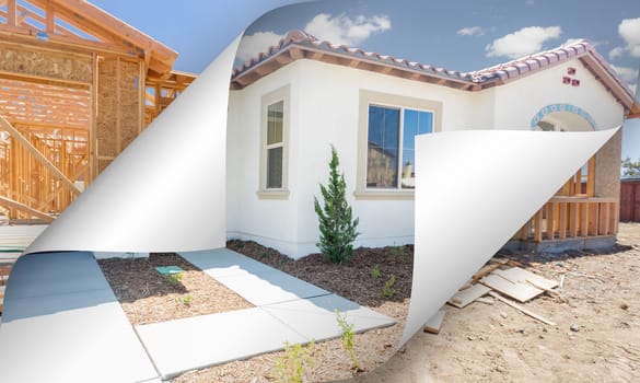 Completed House with Page Corners Flipping to Construction Framing Behind.