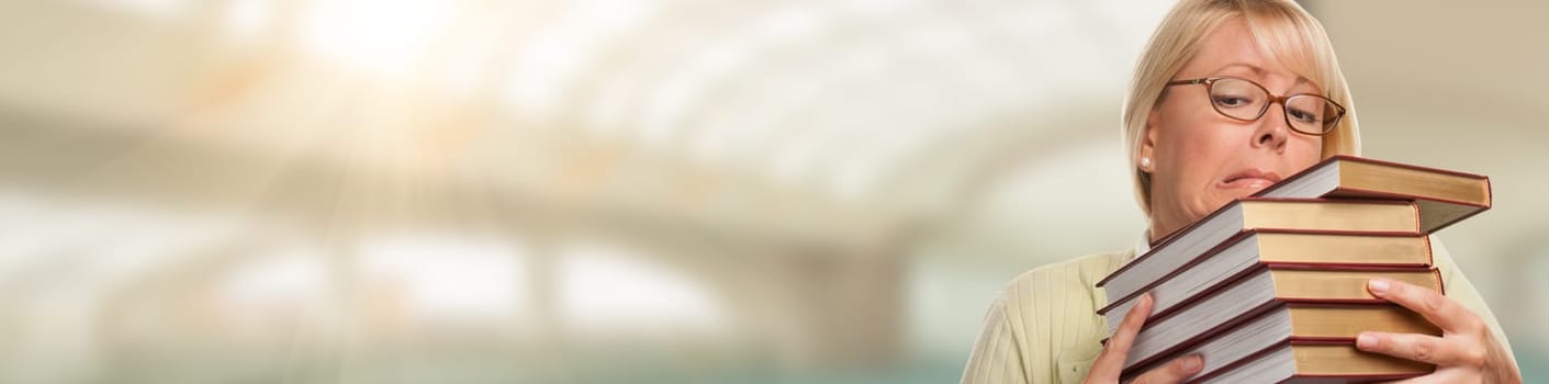 Banner of Beautiful Expressive Student or Businesswoman with Books.