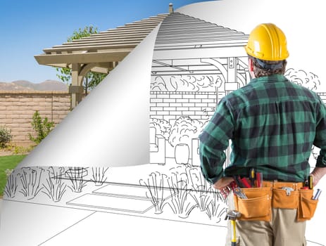 Contractor Facing Pergola Drawing with Page Flipping to Completed Photo Behind.