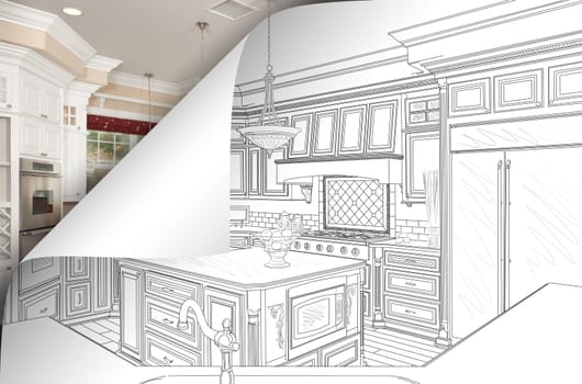 Kitchen Drawing Page Corner Flipping with Photo Behind.