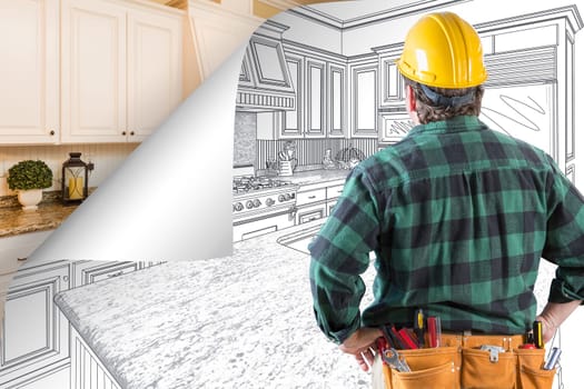 Contractor Facing Kitchen Drawing with Page Corner Flipping to Completed Photo Behind.