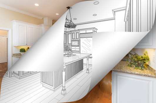 Kitchen Drawing Page Corners Flipping with Photo Behind.