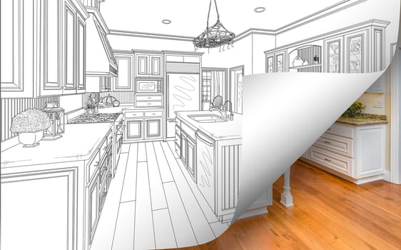 Kitchen Drawing Page Corner Flipping with Photo Behind.