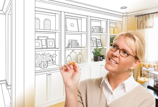 Young Woman Over Custom Built-in Shelves and Cabinets Design Drawing Gradating to Finished Photo.