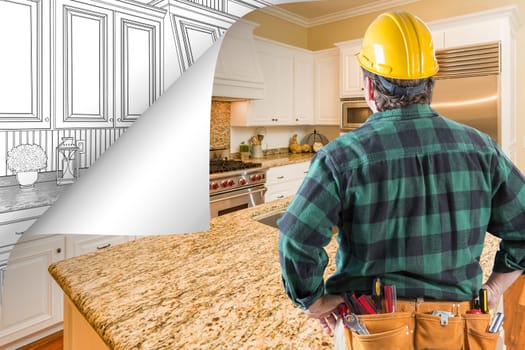 Contractor Facing Kitchen Photo with Page Corner Flipping to Drawing Behind