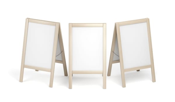 Three blank advertising stands with wooden frames on white background