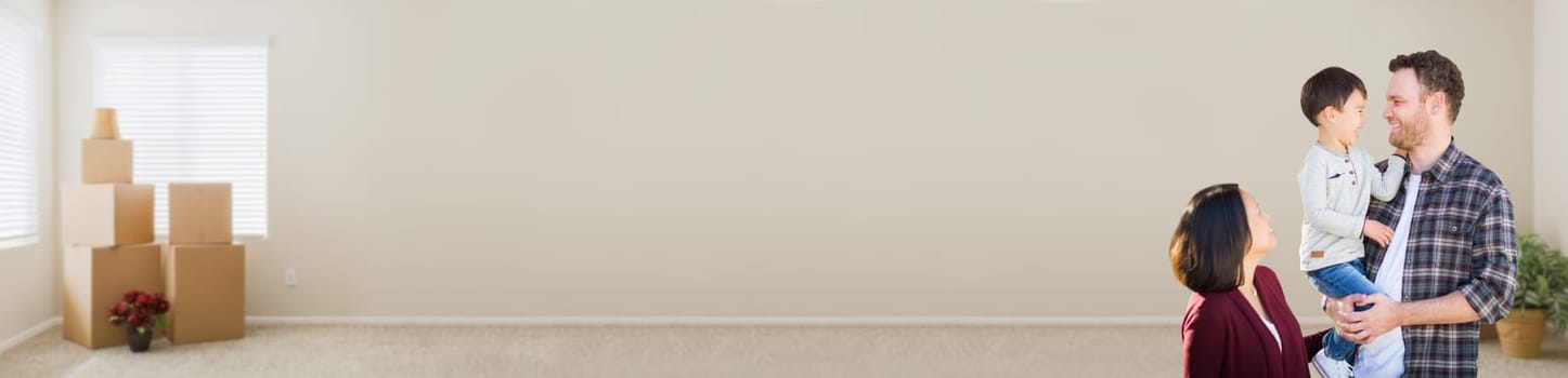 Young Mixed Race Caucasian and Chinese Family Inside Empty Room with Moving Boxes Banner.
