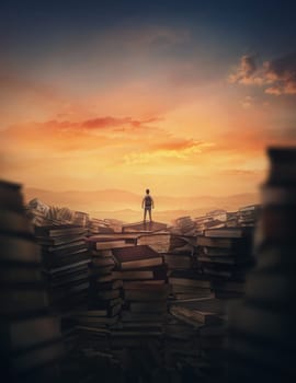 Surrealistic scene with a tiny man climbing on the top of a huge books landfill. Different thrown book piles and a person silhouette against sunset. Educational concept, in search of knowledge