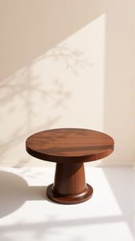 A simple wooden table with a round top filled with a coating that provides sunlight. The delicate shadows of leafy branches play on the textured cream wall in the background. High quality photo
