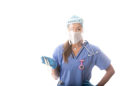 Doctor, nurse, pathologist holding swab for testing of COVID-19  coronavirus influenza pandemic