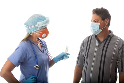 A patient in need of a nose or throad swab for influenza, coronavirus, SARS, COVID-19 or other being discussed and treated by a healthcare professional