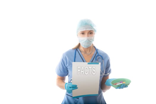 A nurse, pathologist or hospital worker holds a fact brochure and kidnes dish with blood tubes during the COVID-19 influenza coronabirus pandemic