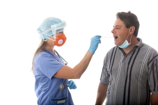 Female healthcare worker swabs a man for infectious disease such as SARS or COVID-19 or influenza pandemic