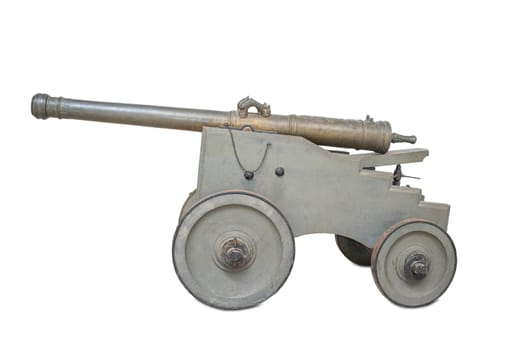 Spanish 16th Century bronze cannon on carriage. Made by Remigy de Halut, kings Gunfounder Royal at Malines in 1559. Profile view. Isolated