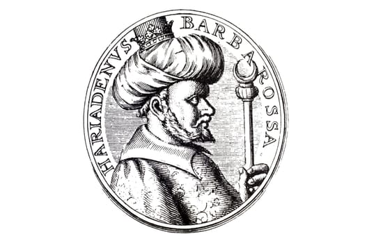 Hayreddin Barbarossa or Khayr al-Din Barbarus portrait. Admiral of the Ottoman Navy during the mid 16th century. Frans van Mieris engraving