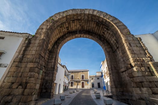 Roman Arch of Trajan, monumental access gateway to ancient Emerita Augusta, Merida, Spain. Panoramic