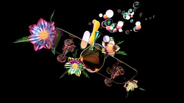 3D Illustration of an abstract art of a skateboard with flowers and bubbles