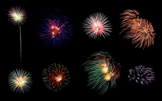 Eight colorful fireworks on black background