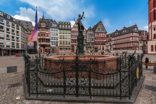 Frankfurt old town with the lady justice statue. Germany