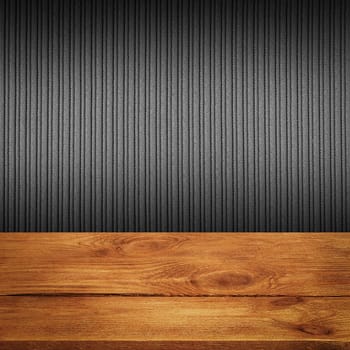 The background is blank wooden boards and a textured striped wall with gradient lighting and vignetting. For product demonstrations, free space, layout, mockup, perspective board, background board.