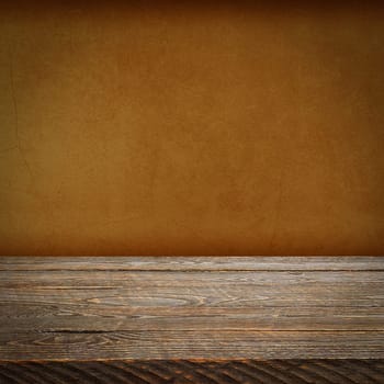 The background is blank wooden boards and a textured plastered wall with lighting and vignetting. For product demonstrations, free space, layout, mockup, perspective board, background board.