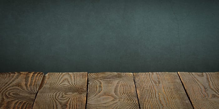 The background is blank wooden boards and a textured plastered wall with lighting and vignetting. For product demonstrations, free space, layout, mockup, perspective board, background board.