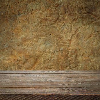 The background is blank wooden boards and a textured plastered wall with lighting and vignetting. For product demonstrations, free space, layout, mockup, perspective board, background board.