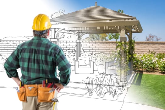 Contractor Standing Looking At Patio Pergola Design Drawing and Photo Combination.