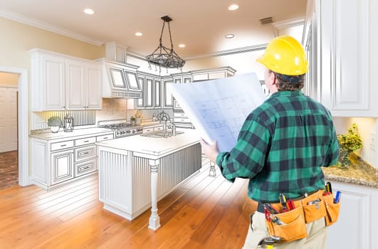 Male Contractor with Hard Hat and Plans Looking At Custom Kitchen Drawing Photo Combination On White.