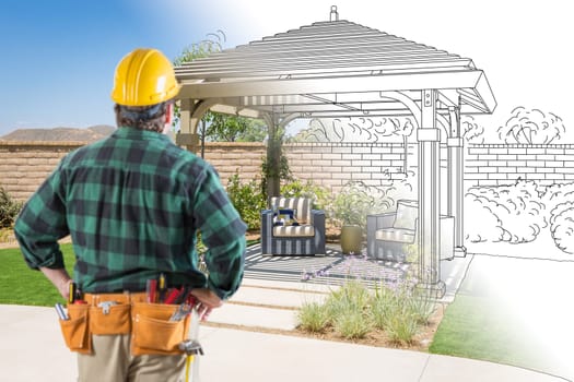 Contractor Standing Looking At Patio Pergola Design Drawing and Photo Combination.