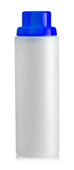 white plastic bottle with a blue cover on white background