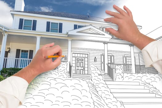 Male Hands Sketching with Pencil the Outline of a House with Photo Showing Through.
