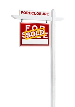 Left Facing Foreclosure Sold For Sale Real Estate Sign Isolated on White.
