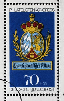 A stamp printed in Germany shows post office sign of the Electoral Palatinate Bavaria, Stamp Exhibition IBRA in Munchen, circa 1973
