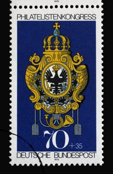 A stamp printed in Germany shows post office sign of the Prussia, Stamp Exhibition IBRA in Munchen, circa 1973