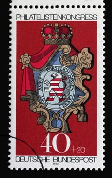 A stamp printed in Germany shows post office sign of the Hesse-Kassel, Stamp Exhibition IBRA in Munchen, circa 1973